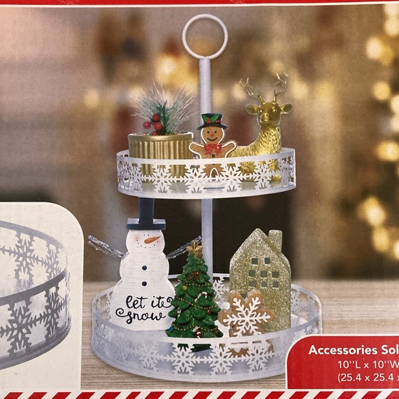 BNIB- Two Tiered Metal Tray- White Snowflake ❄️ Decorative 2-Tiered Tray - Picture 1 of 9